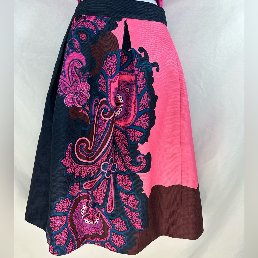 TED BAKER LONDON Oriental Paisley A Line Skirt Navy and Pink Luxury Gold Zip 2-4 - Picture 3 of 10
